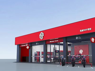 Jialing Motorcycle Store With Red Exterior Modern Glass Doors And Motorcycles Parked Outside 3d model