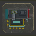 Cartoon Scene Colorful 3D Model With Green Yellow Red Gray Structures And Mechanical Platform