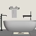 Modern Freestanding White Bathtub With Black Faucet Shower Fixture And Grey Towels On Rack