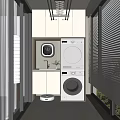 Home Balcony Laundry Area With White Cabinets Washing Machine Dryer Sink And Window Blinds