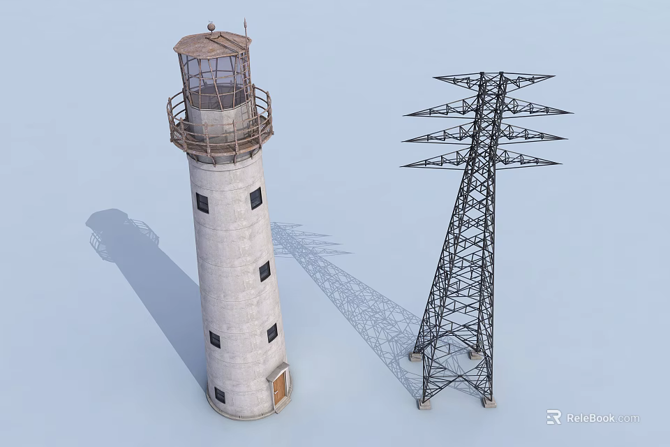 Industrial Equipment With Steel Transmission Tower And Lighthouse Architectural Design 3d model 