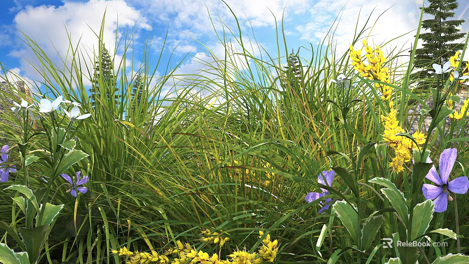Lush Green Shrubs With Yellow Flowers And Purple Blooms Under Blue Sky 3d model 