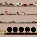 Various Foods Displayed On Wooden Shelves With Fruits Pastries And Steamed Dishes