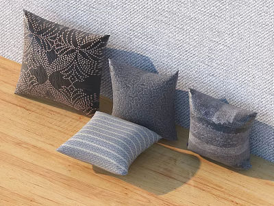 Decorative Pillows with Various Patterns Textures and Colors Placed on Wooden Floor Against Wall 3d model