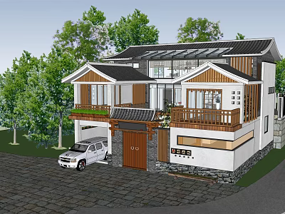 Traditional Modern Two Story Homestay Building With Black Tile Roof Wooden Balcony Green Trees 3d model