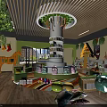 Kindergarten Indoor Play Area with Tree Shaped Bookshelf Colorful Cushions and Green Sofas