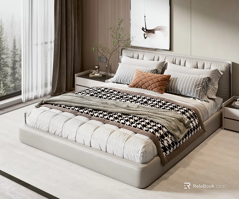 Modern Double Bed Interior With Upholstered Headboard Multiple Pillows Plaid Blanket Nightstands And Window Curtains 3d model 