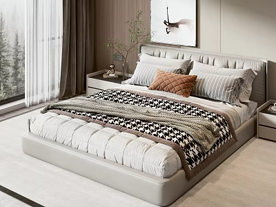 Modern Double Bed Interior With Upholstered Headboard Multiple Pillows Plaid Blanket Nightstands And Window Curtains 3d model