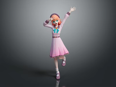 Vibrant Game Movie Character With Orange Hair Pink Dress Green Bow And Lively Waving Pose 3d model