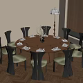 Round Wooden Dining Table With Green Cushioned Chairs And Floor Lamp In Room With Blinds
