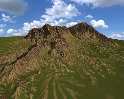 Natural Stone And Wood Mountain Terrain With Green Grass And White Clouds 3d model