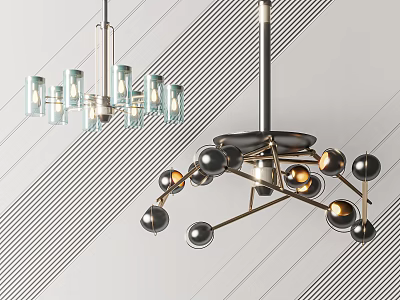 Modern Chandeliers With Glass Shades And Spherical Metal Frame Design For Interior Decor 3d model