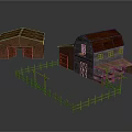 Cartoon Farm Scene With Small And Large Red Brown Barns And Wooden Fence