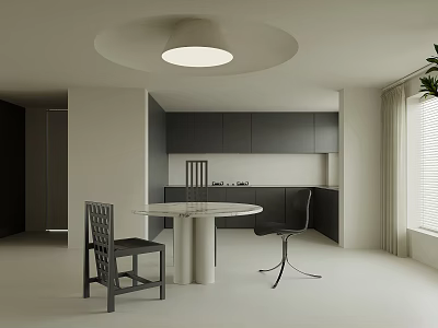 Modern Restaurant Interior With Round Dining Table Black Cabinets And Round Ceiling Light 3d model