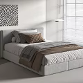 Modern Single Bed With Gray Headboard Brown Bedding Striped Artwork Window Blinds And Green Plant