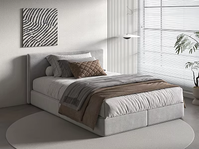 Modern Single Bed With Gray Headboard Brown Bedding Striped Artwork Window Blinds And Green Plant 3d model
