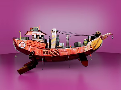 Red Ship Model With Small House Chimney Barrels On Pink Background 3d model