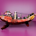 Red Ship Model With Small House Chimney Barrels On Pink Background