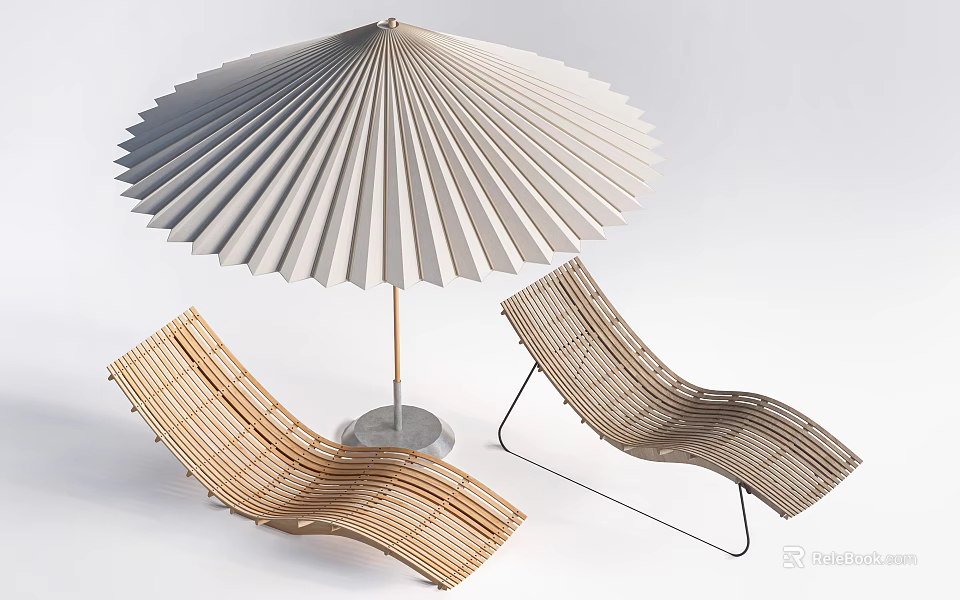 Two Modern Woven Lounge Chairs With Fan Shaped Umbrella And Metal Base Design 3d model 