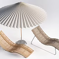 Two Modern Woven Lounge Chairs With Fan Shaped Umbrella And Metal Base Design