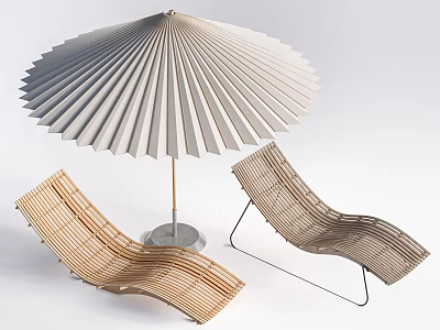Two Modern Woven Lounge Chairs With Fan Shaped Umbrella And Metal Base Design 3d model