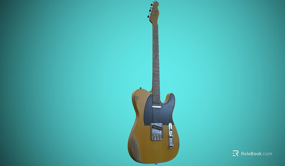 Wooden Electric Guitar With Classic Design On Teal Background Musical Instrument 3d model 