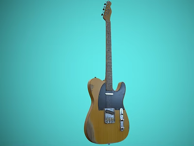 Wooden Electric Guitar With Classic Design On Teal Background Musical Instrument 3d model