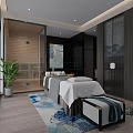 SPA Sauna Interior Design With Wooden Sauna Room Massage Bed Green Plant And Decorative Rug
