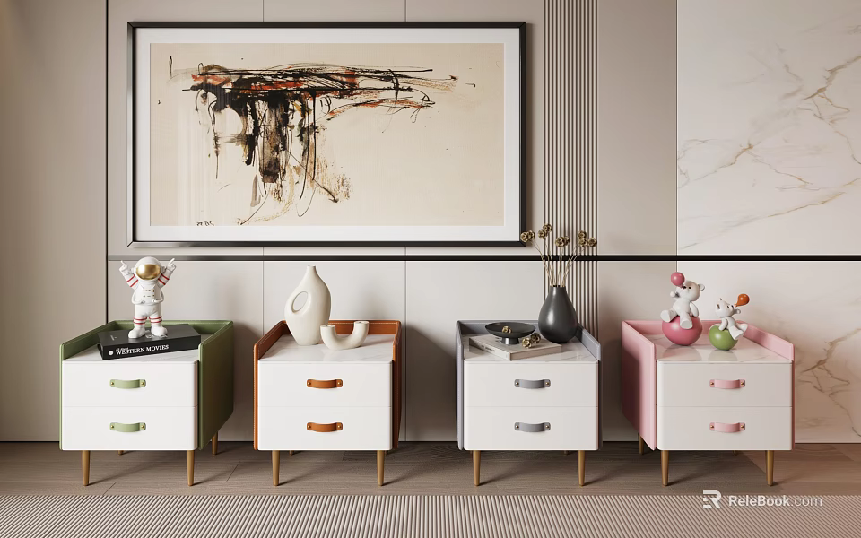 Assorted Color Bedside Tables with Drawers Decorated with Vases and Small Ornaments Arranged Against Wall 3d model 