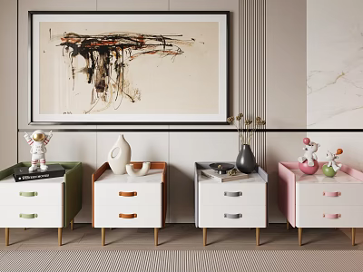 Assorted Color Bedside Tables with Drawers Decorated with Vases and Small Ornaments Arranged Against Wall 3d model