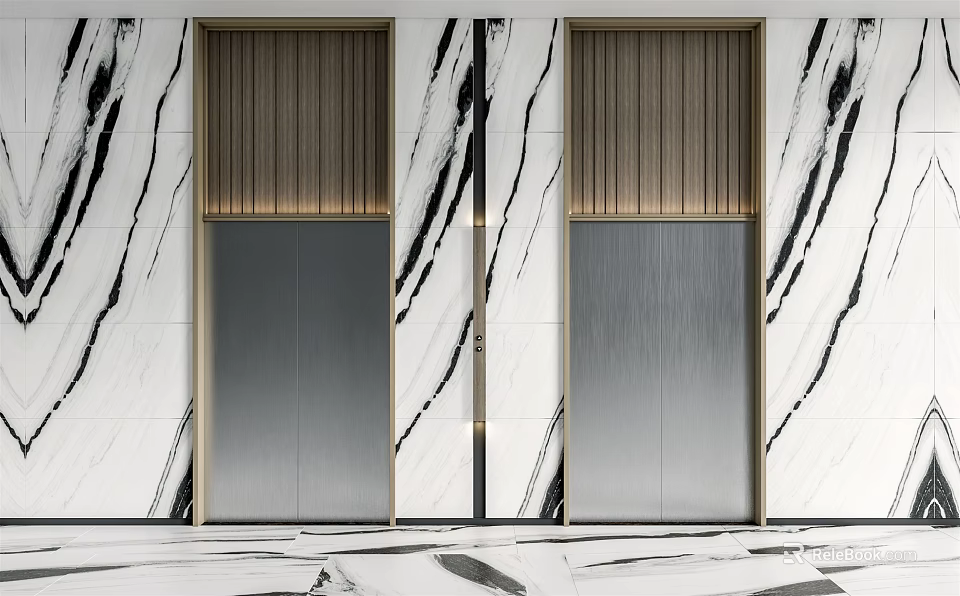 Elegant Modern Elevator Doors With Wooden Accents And Luxurious Marble Walls 3d model 