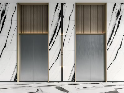 Elegant Modern Elevator Doors With Wooden Accents And Luxurious Marble Walls 3d model