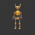 Yellow 3D Robot Character Model With Green Eyes Antenna Ears Metallic Texture And Standing Pose