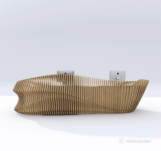 Elegant Modern Wooden Reception Desk With Wave Pattern And White Devices 3d model