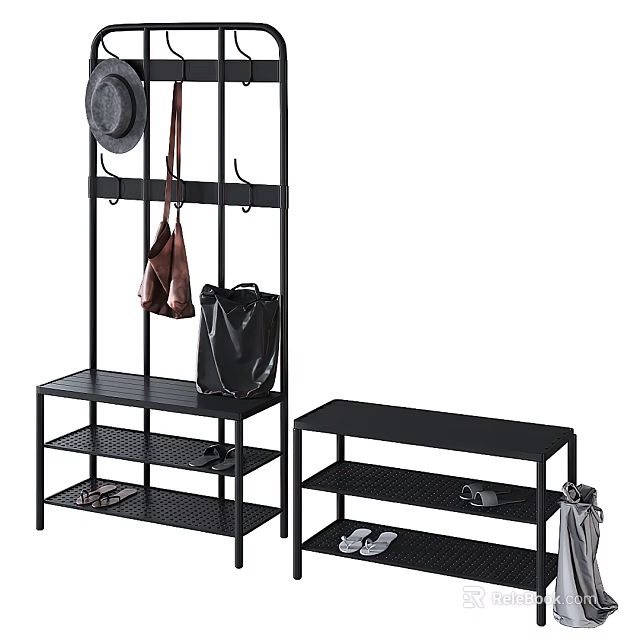 Black Coat Rack With Shelves Hooks Bags Hats And Shoes 3d model 