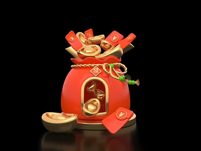 Red Money Bag With Gold Ingots And Red Envelopes For Auspicious Fortune 3d model