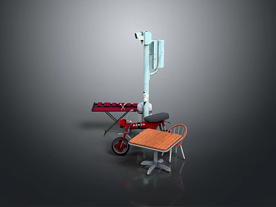 Red Bicycle With Wooden Table And Chair In Modern Outdoor Setting 3d model