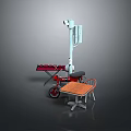 Red Bicycle With Wooden Table And Chair In Modern Outdoor Setting