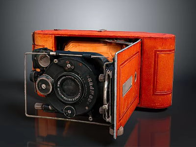 Vintage Camera With Orange Leather Case Black Lens And Folding Design 3d model
