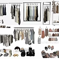 Various Fashion Clothes Hanging On Racks With Shoes Bags And Hats Collection