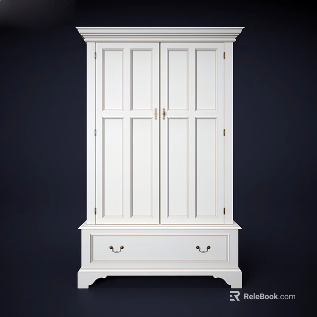 White Double Door Wardrobe With Bottom Drawer And Metal Handles 3d model 