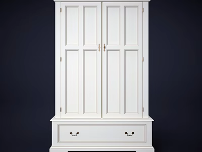 White Double Door Wardrobe With Bottom Drawer And Metal Handles 3d model