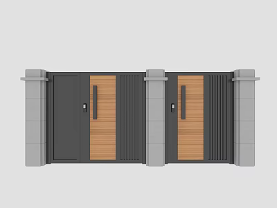 Modern Double Gates Design With Wooden Panels And Stone Columns 3d model