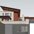 Modern Chinese Style Single-family Villa With Wooden Roof Metal Gate And Stone Wall Exterior