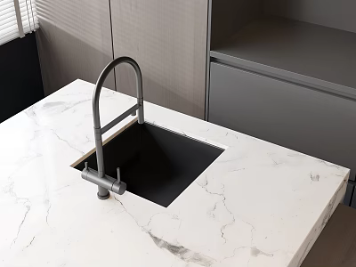 Modern Kitchen Faucet With Black Sink On White Marble Countertop And Gray Cabinets 3d model