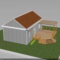 Single Story House With Orange Roof White Walls Wooden Deck Pergola And Green Lawn