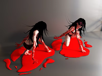 Game Movie Character Black Haired Female Bloodstained Kneeling On Red Liquid Gray Background 3d model