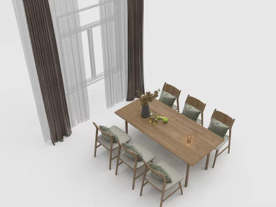 Wooden Dining Table Set With Six Upholstered Chairs Vase Flowers And Window Curtains 3d model