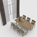 Wooden Dining Table Set With Six Upholstered Chairs Vase Flowers And Window Curtains