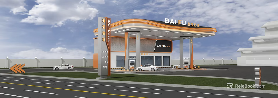BAI FU OIL Gas Station Exterior Design With Canopy Fuel Pumps And Vehicles 3d model 